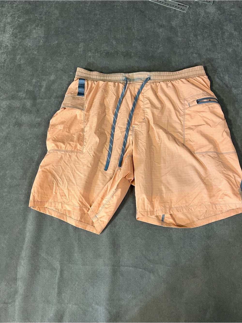 Lululemon Men’s Lined Water Swim Shorts – Peach Orange / Blue – Medium